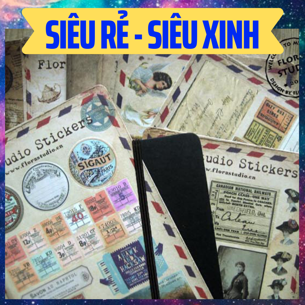 set 10 tấm background và sticker vintage - sticker phong cách cổ điển florastudio stickers ( size a5 )