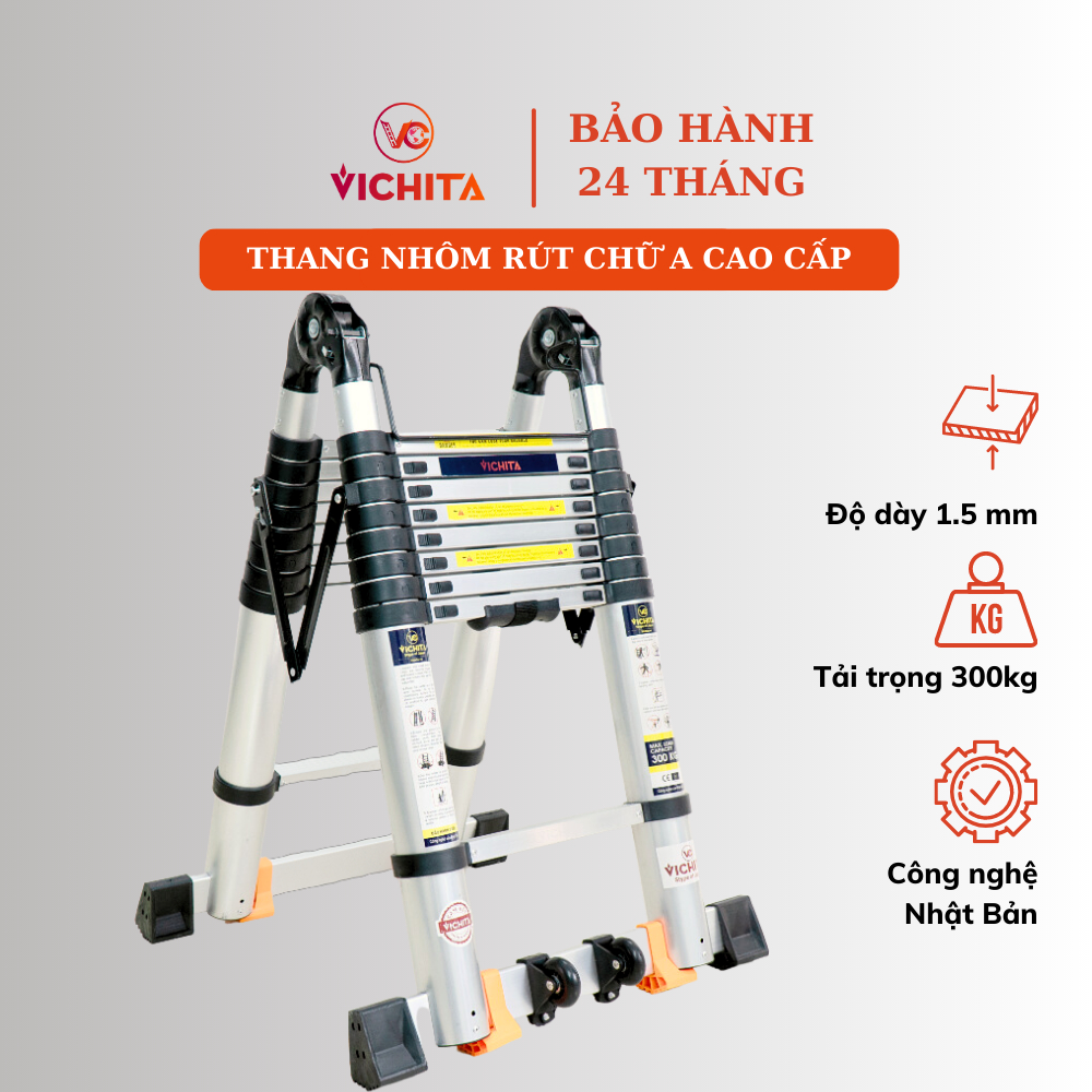 Thang nhôm rút chữ a 3,8m - 4,4m - 5m - 5,6m - 6,6m vichita - thang rút đôi có bánh xe, thanh giằng chống rung lắc