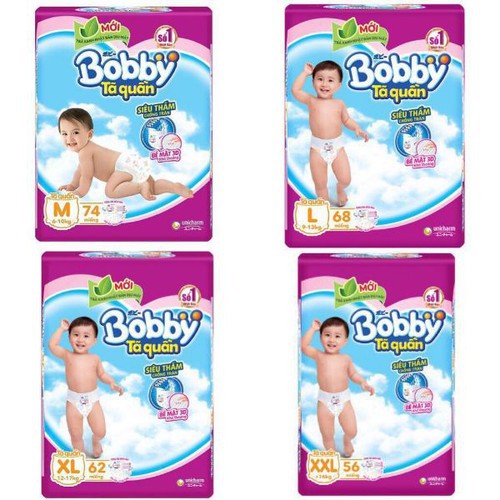Bỉm quần Bobby size M76 +12 quần, L68 +12 quần, XL62+12 quần, XXL56+12 quần