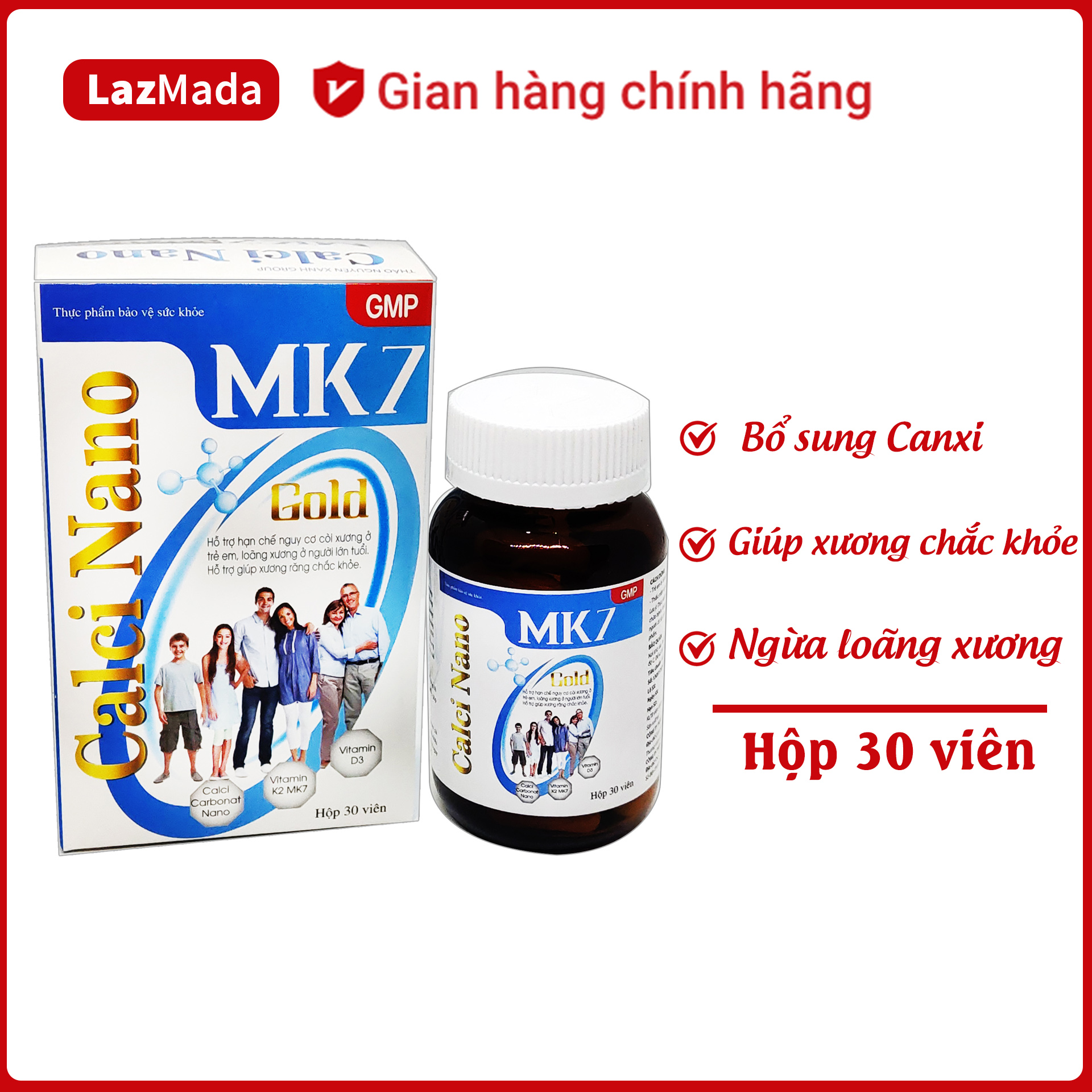 Viên uống Canxi Nano MK7 Gold - Giúp chắc khỏe xương và răng, giảm loãng xương, tăng chiều cao - Dùng cho trẻ em trên 6 tuổi, phụ nữ mang thai và cho con bú - Hộp 30 viên- LazMada Pharmacy