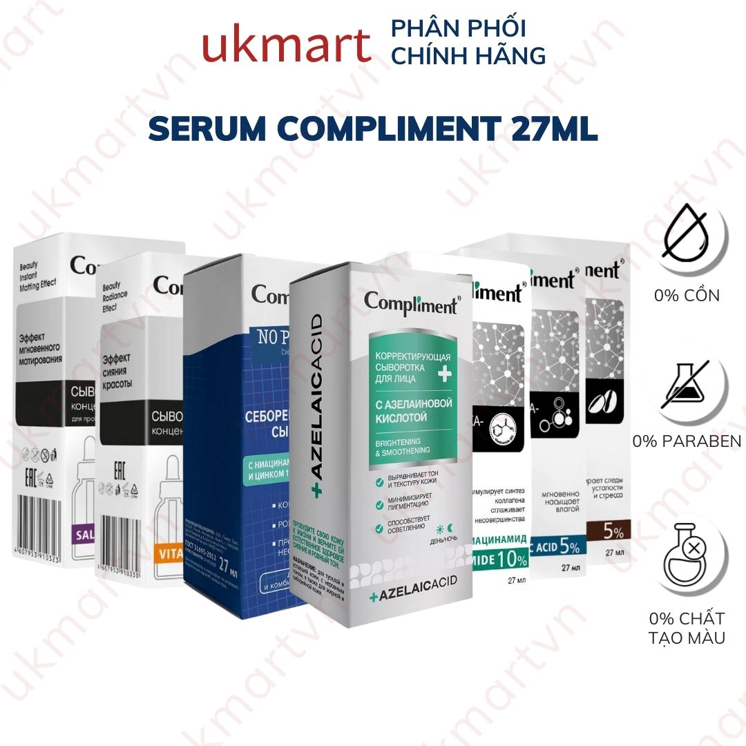  Serum Compliment 2% BHA Hyaluronic Acid B5 5% Vitamin C 20% Azelaic Làm Sạch Giảm Mụn Trắng Da 27ml 
