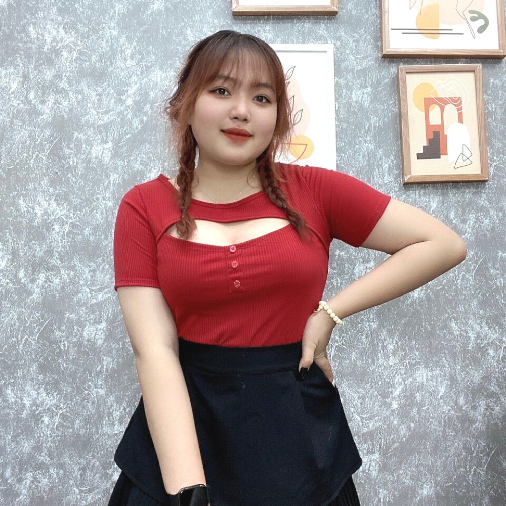 Áo thun tay ngắn xẻ ngực dáng dài bigsize cổ tròn hottrend Áo phông chất gân tăm co giãn phom rộng 60-95kg G108