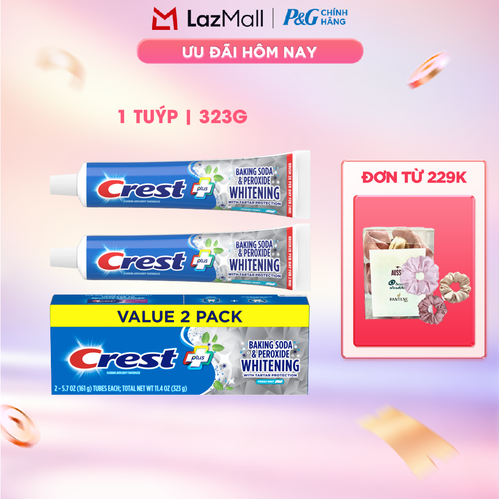 Hộp 2 Kem đánh răng Crest Baking Soda  Peroxide Whitening Trắng Sáng Ngừa Vôi Răng hương Fresh Mint 323g - Mỹ