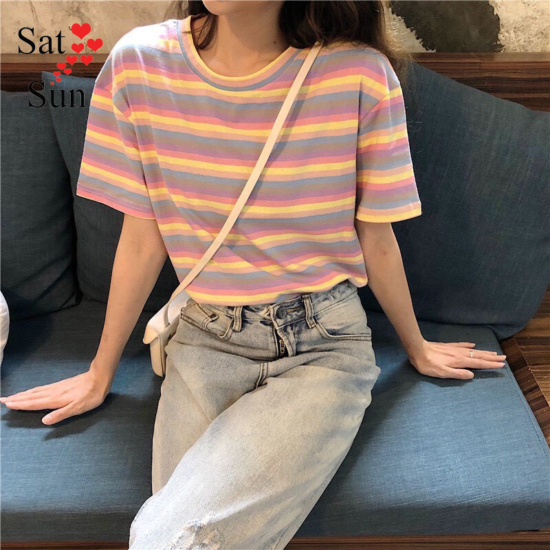 Áo thun nữ form rộng kẻ ngang cầu vồng Ulzzang weekend