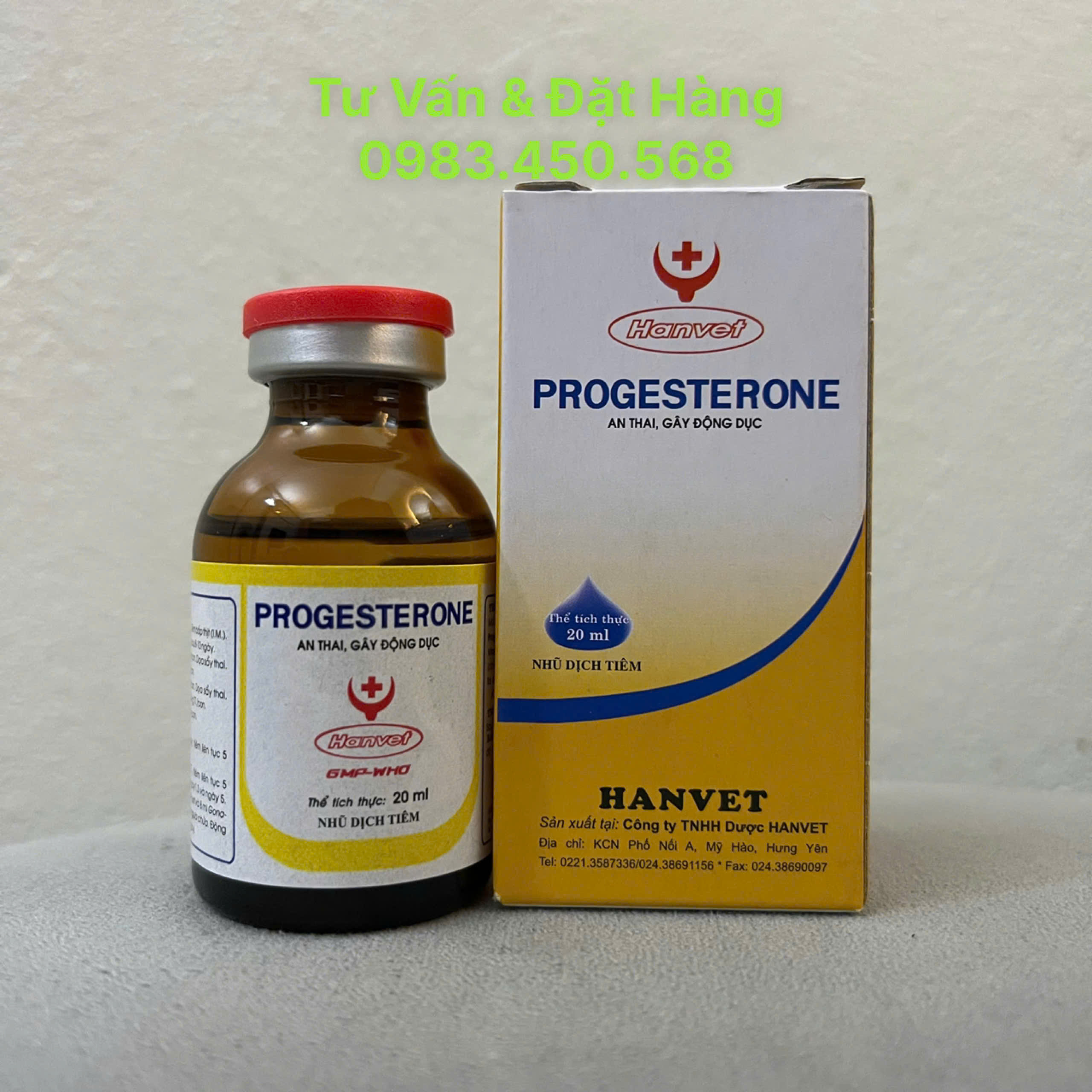 An thai, gây động dục PROGESTERONE Chai 20ml Hanvet Dùng cho vật nuôi chó mèo heo dê cừu trâu bò ngựa
