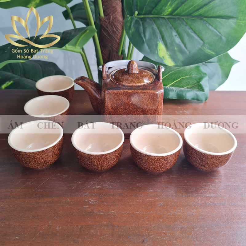 Bộ ấm chén Bát Tràng men bóng dáng vuông 300ml màu nâu