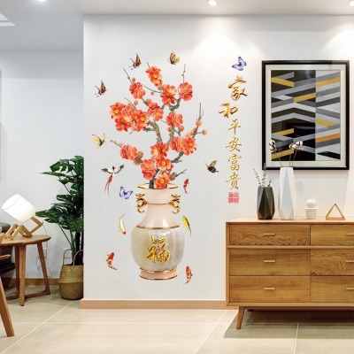 Decal tranh dán tường bình hoa cắm hoa đào