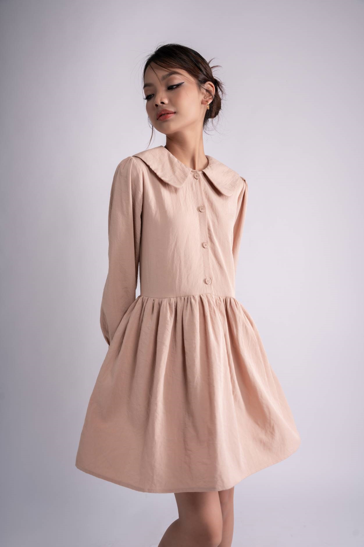 Olalastudio đầm linen dáng babydoll tay dài finn line dress