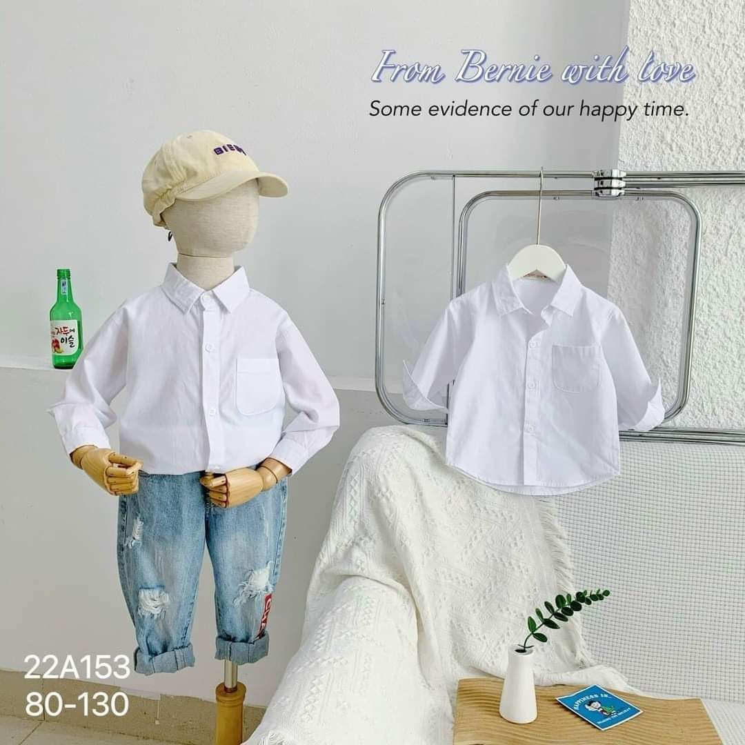 BE97 Áo sơ mi trắng dài tay BERNIE cho bé trai đi chơi đi học phong cách Hàn Quốc