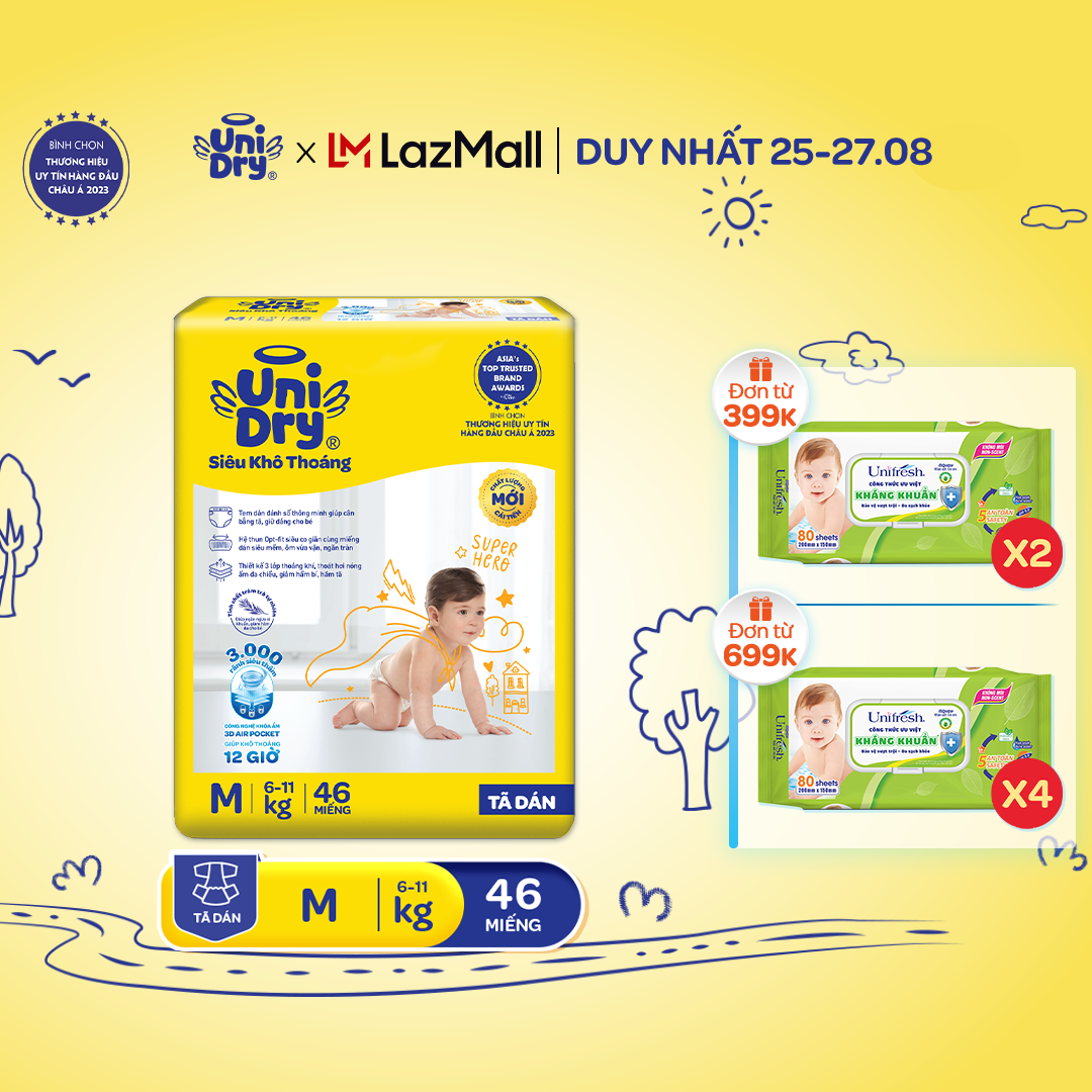 [HỎA TỐC] Tã dán UniDry Siêu khô thoáng gói Jumbo mới size M46/L40/XL38