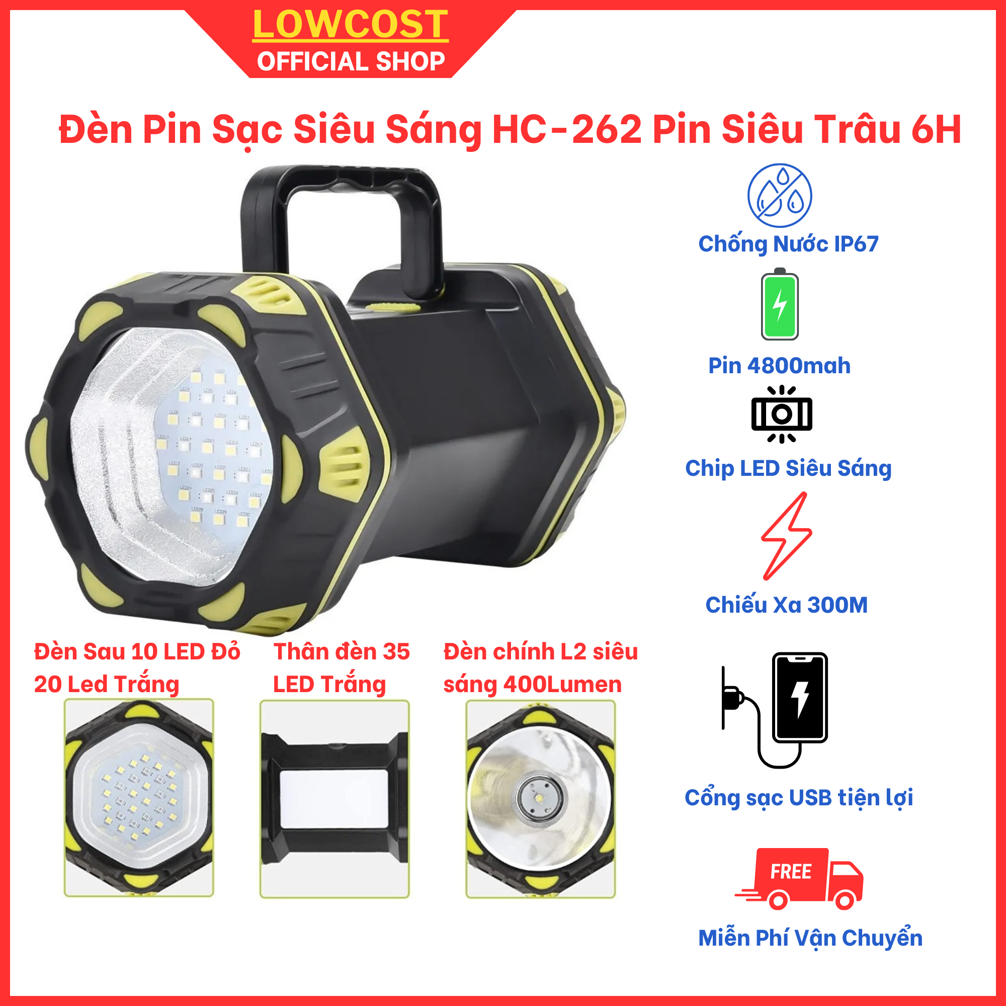 Đèn pin sạc siêu sáng hc-262 led 8 chế độ sáng tích hợp sạc điện thoại, thích hợp đi cắm trại, dã ngoại...