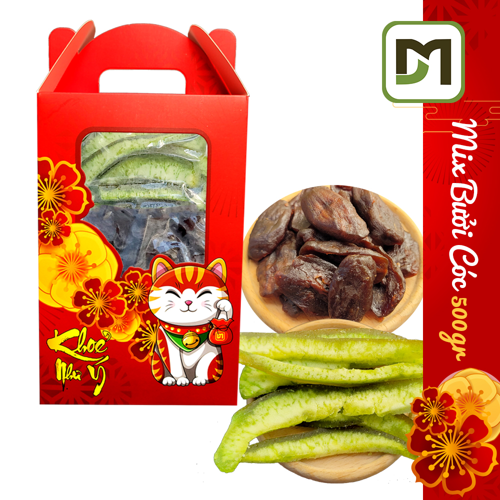 Hộp 500gr mix mứt Bưởi Thái và Cóc Thái sấy dẻo hộp quà có tay xách