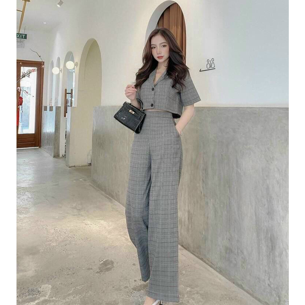 Set bộ caro xám dài siêu xinh tôn dáng cho nàng thời trang nữ dạo phố cho nàng