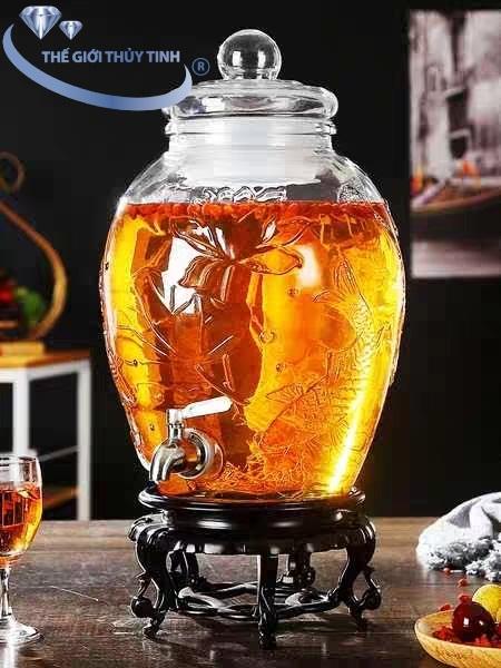 Bình Ngâm Rượu Sâm Thủy Tinh Họa Tiết Sen Cá Chép 10 Lít Có Van