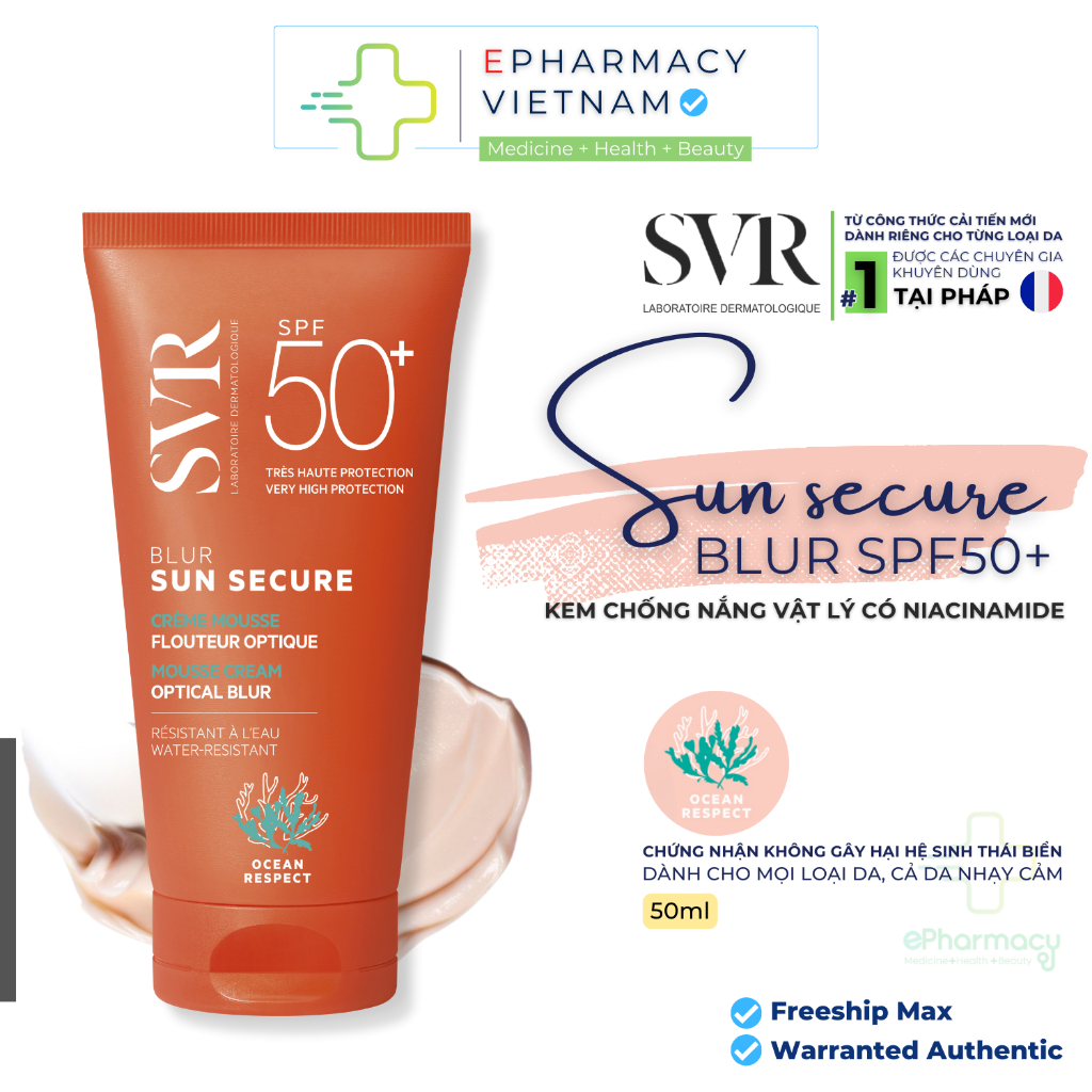 Kem chống nắng trang điểm SVR Sun Secure Blur SPF50+ che khuyết điểm, làm đều màu da 50ml