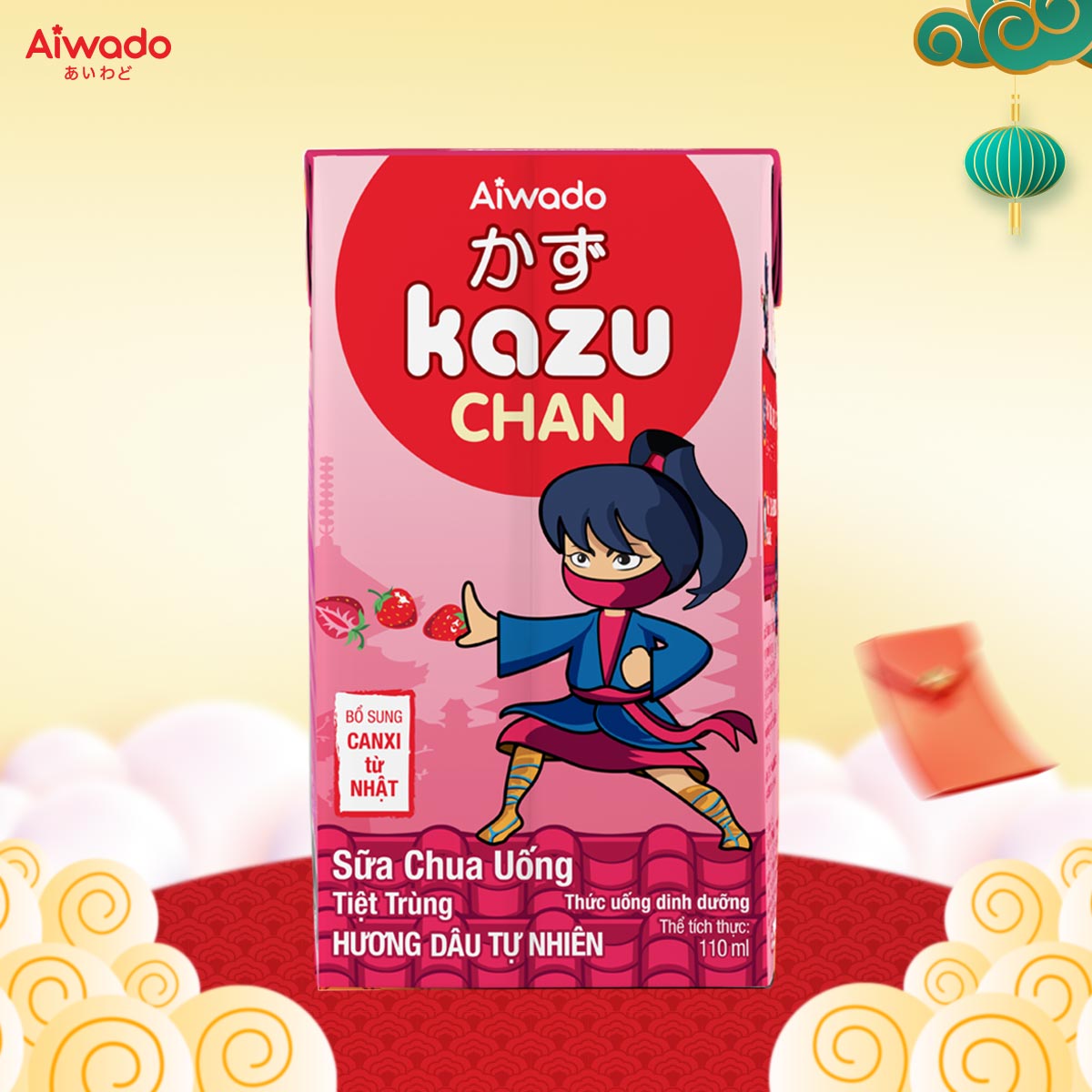 Sữa chua uống Aiwado Kazu Chan - hương Dâu tự nhiên (Thùng 48 hộp 110ml) - Tinh tuý dưỡng chất Nhật Bản