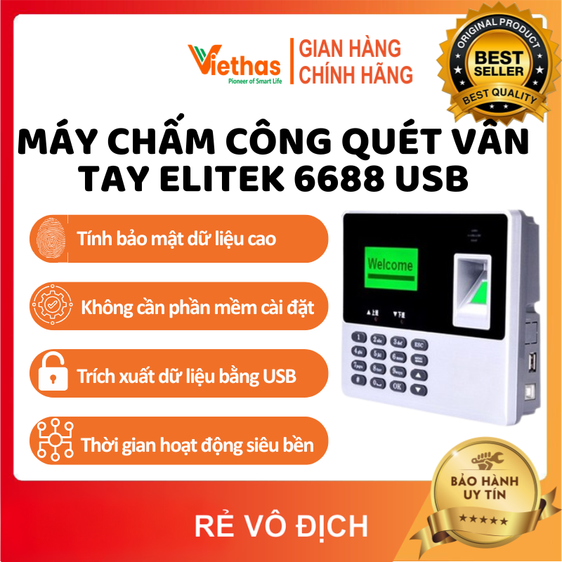 Máy chấm công quét vân tay elitek 6688