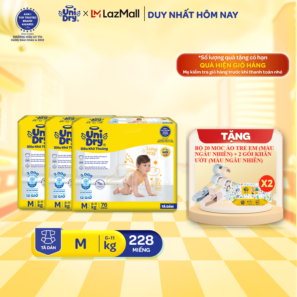 Combo 3 Tã dán UniDry Siêu khô thoáng gói Super Jumbo mới size M76 L68 XL62