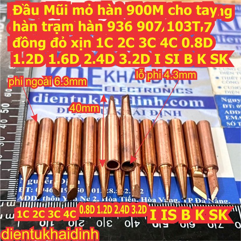  Đầu Mũi mỏ hàn 900M cho tay hàn trạm hàn 936 907 103T đồng đỏ xịn 1C 2C 3C 4C 0.8D 1.2D 1.6D 2.4D 3.2D I SI B K SK kde1006 