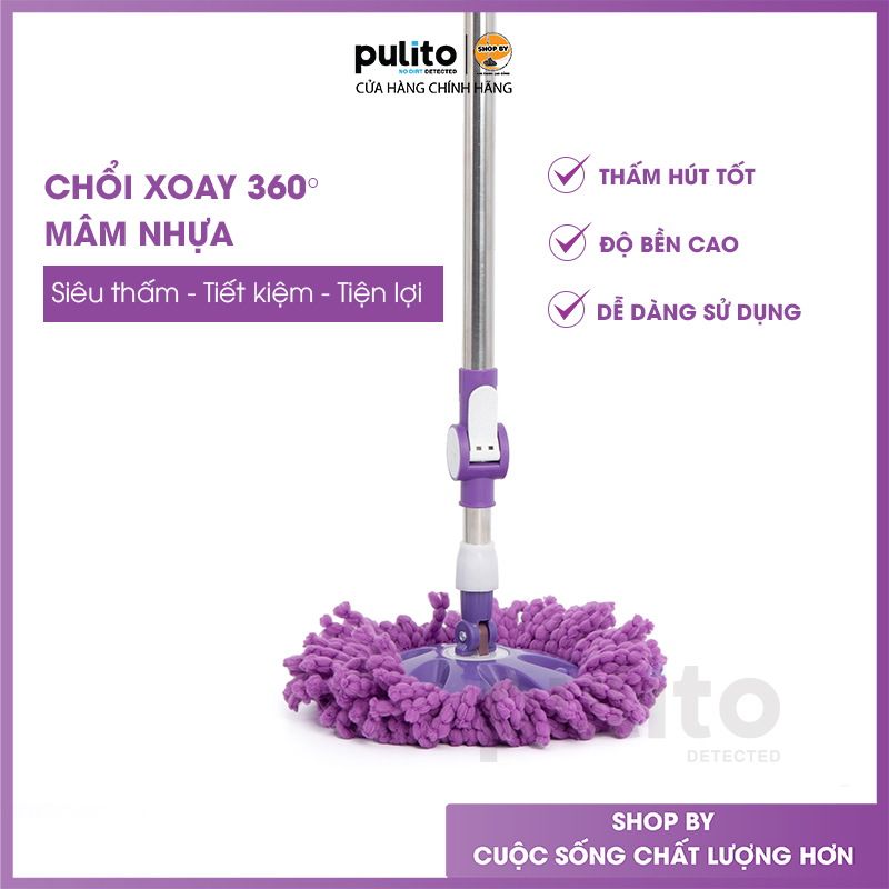 Cây lau nhà rời mâm nhựa Pulito xoay 360 độ trợ lực vắt tay cán inox lau cực sạch cực nhanh LS-CLN-MN