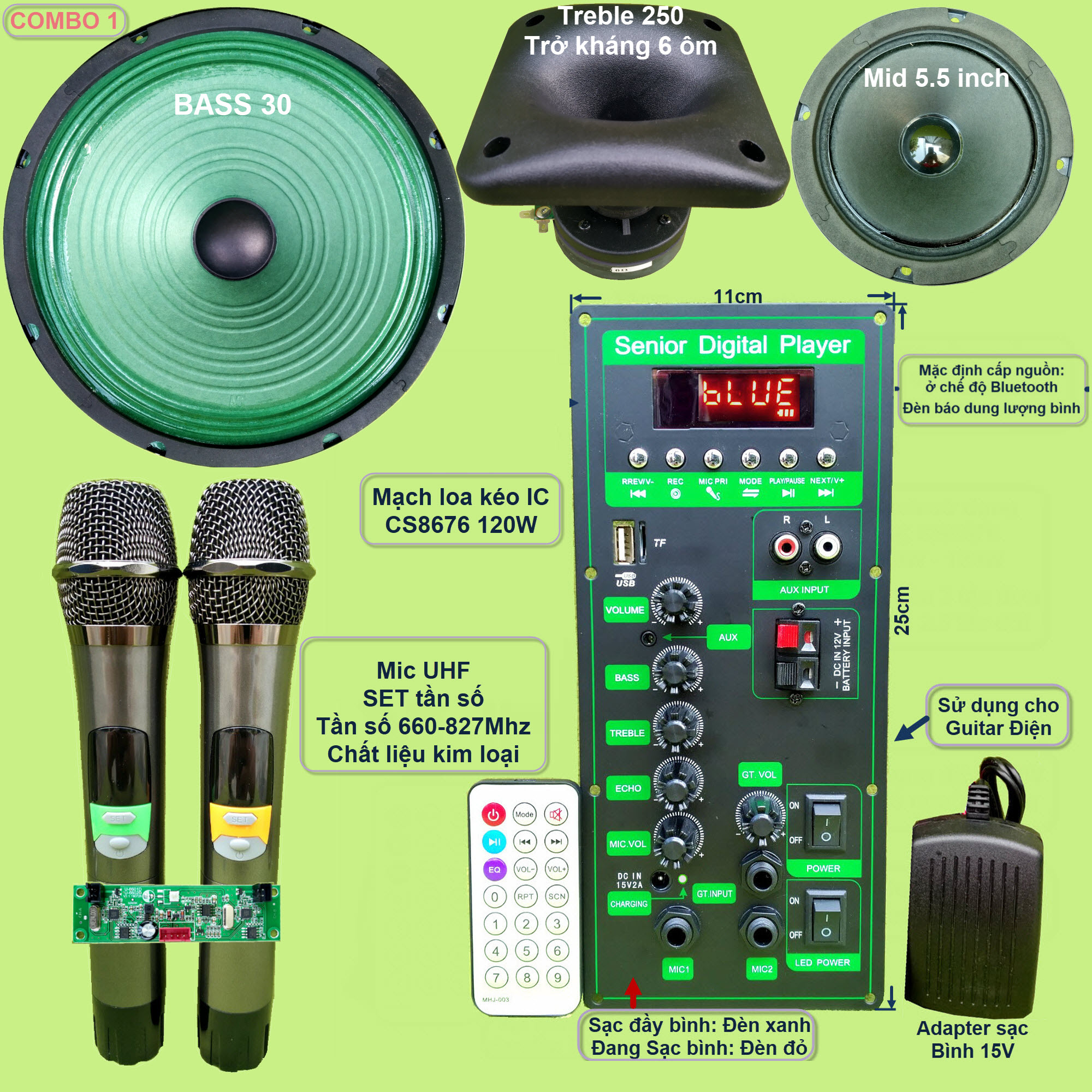 Mạch loa kéo 3 tấc đơn 3 đường tiếng CS8676 công suất 120W kèm Bass 3 tấc màng xanh + Treble 250 + Mid 5.5 inch và kèm Micro – Bluetooth Karaoke Guitar điện