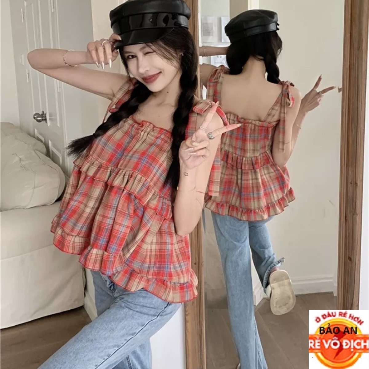 Áo 2 dây cột nơ babydoll xòe chất vải Kate FreeSize