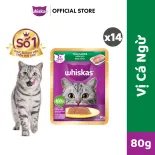 WHISKAS® Thức ăn cho mèo lớn dạng sốt (pate mèo) vị cá 80g (14 gói)
