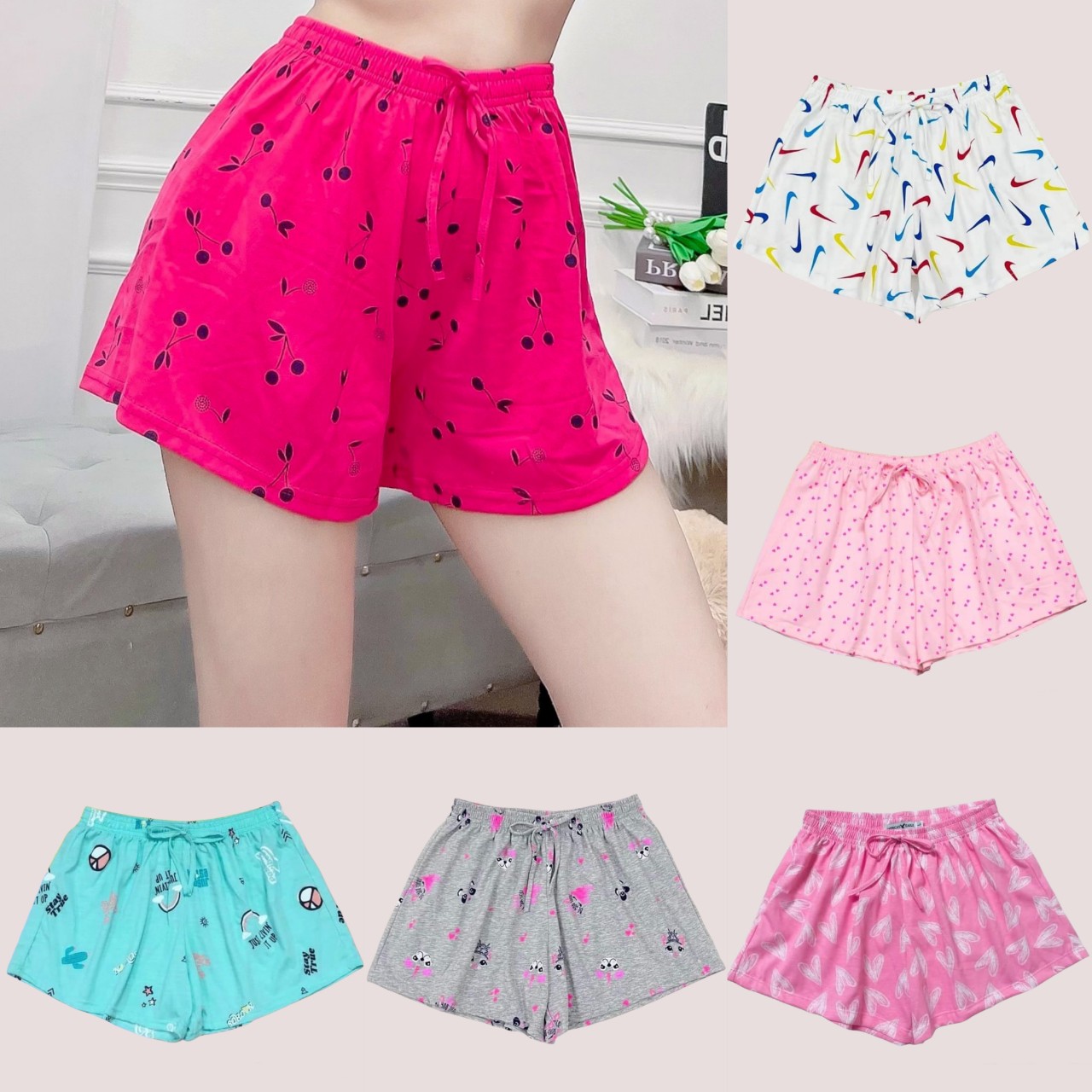 Combo 5 quần đùi nữ thun cotton dáng xòe bigsize 40>>80kg màu họa tiết