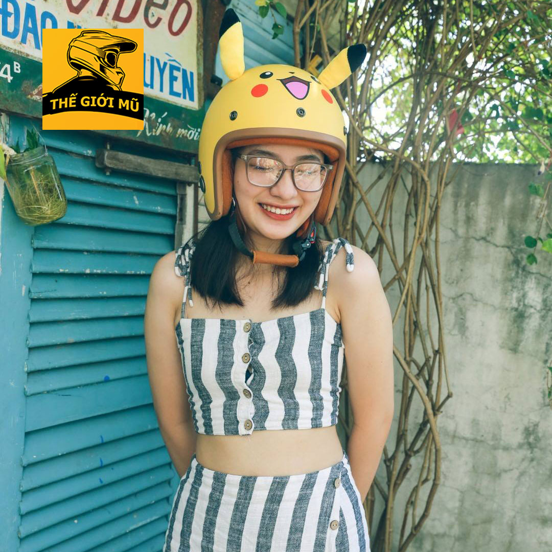 Mũ bảo hiểm 3/4 Pikachu vàng có tai siêu xinh, freesize, Thế Giới Mũ Bảo Hiểm