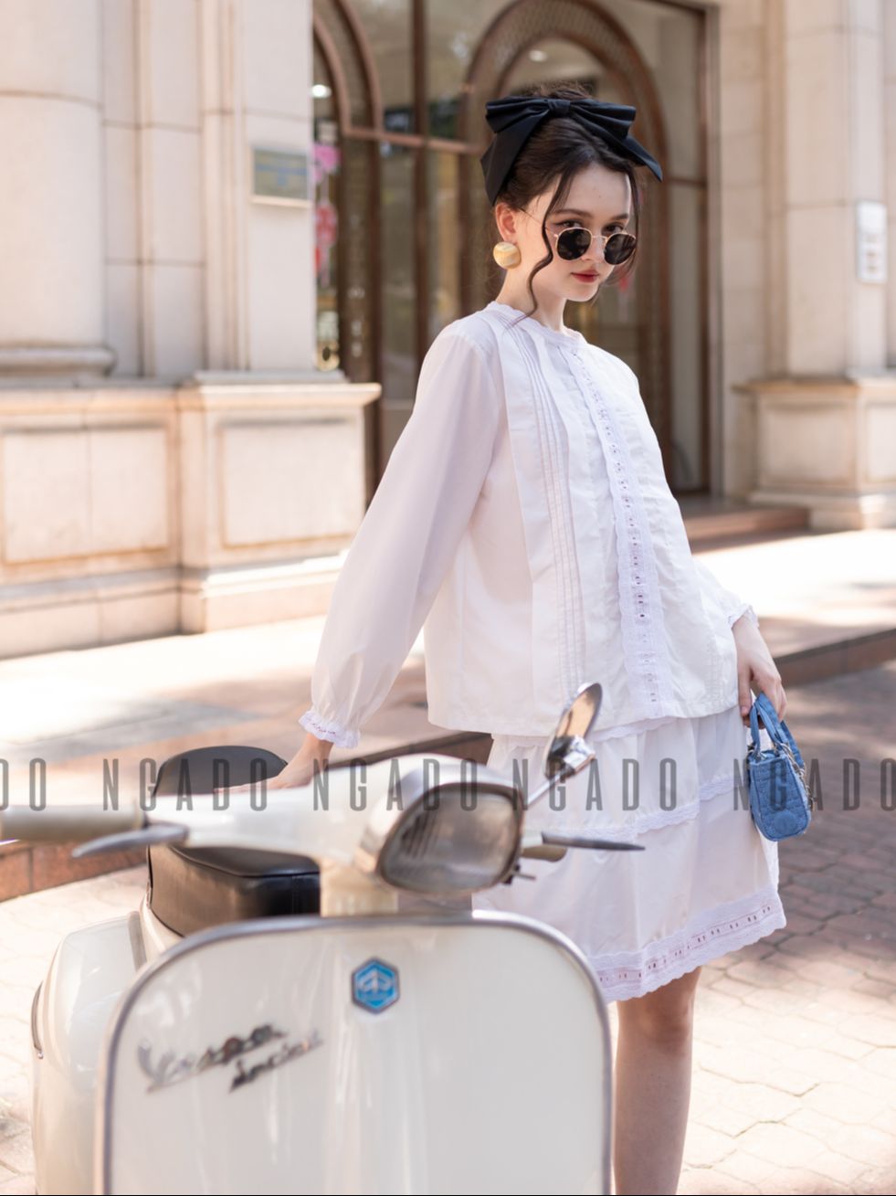 Set áo váy phối ren dài tay NGADO