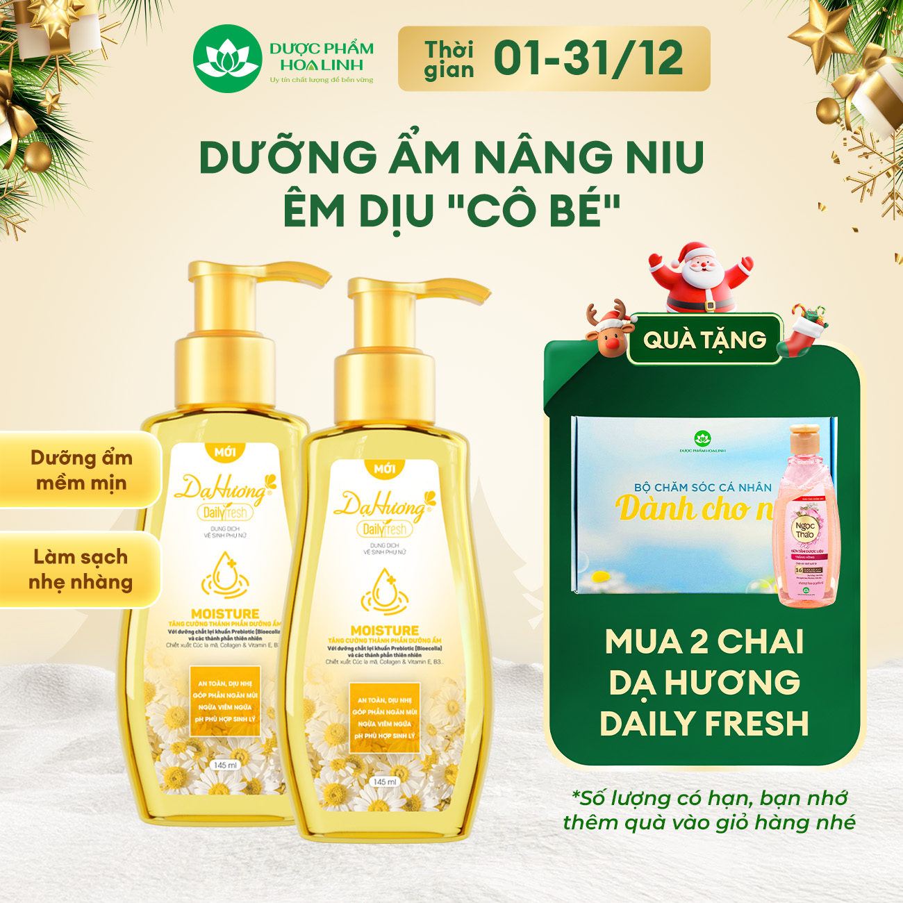 Combo 2 chai dung dịch vệ sinh Dạ Hương Daily Fresh Moisture 145ml - Tăng cường thành phần DƯỠNG ẨM