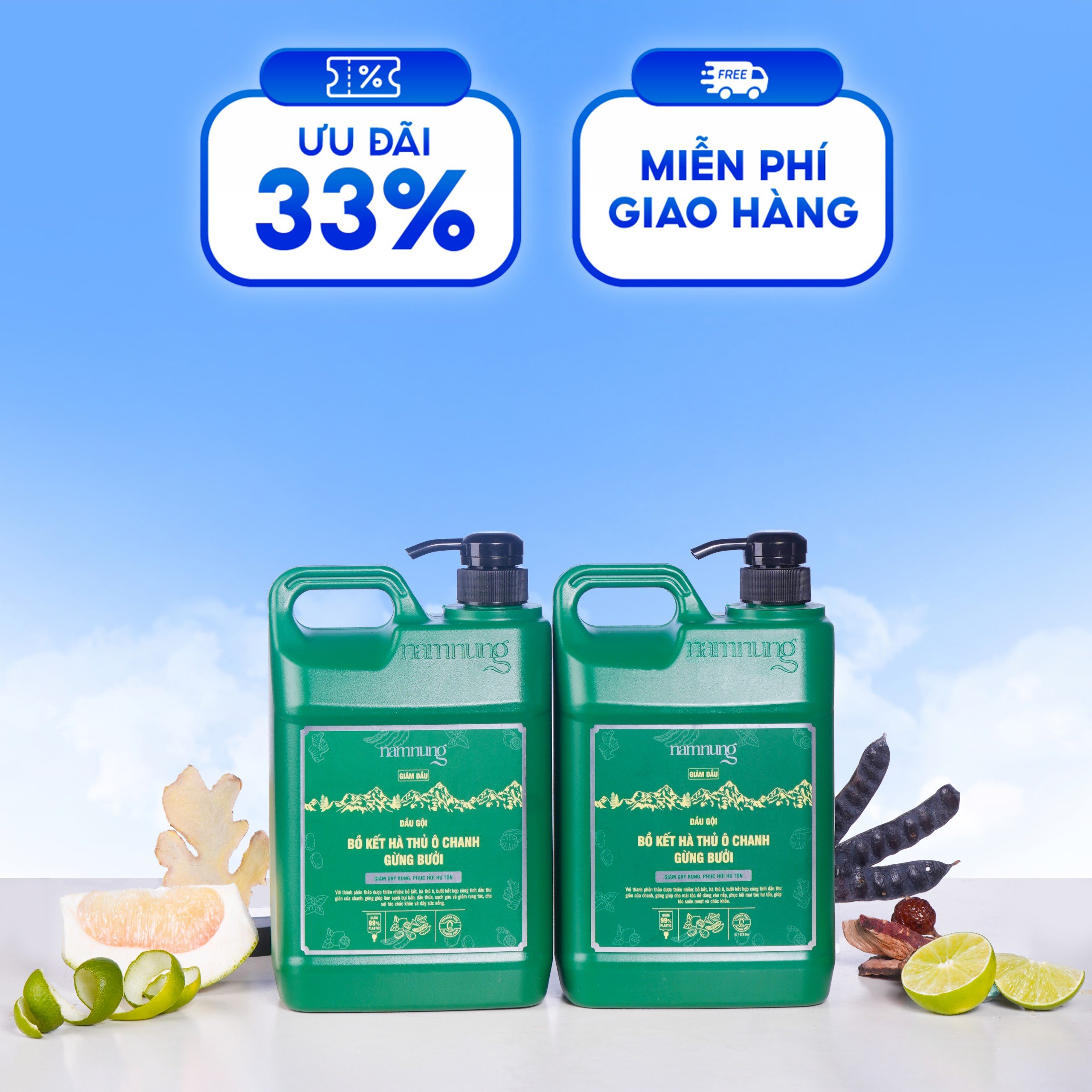 Combo 2 can dầu gội thảo dược NAMNUNG bản kiềm dầu, giúp tóc mềm mượt, chắc khỏe 2000ml