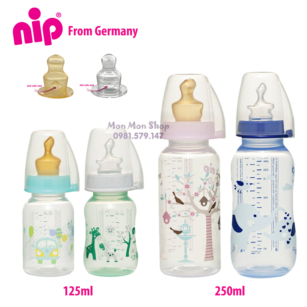 (Made in Germany) Bình sữa PP cổ thường/ cổ hẹp tiêu chuẩn 125ml / 250ml có núm ti chỉnh nha, chống sặc NIP nhập khẩu Đức