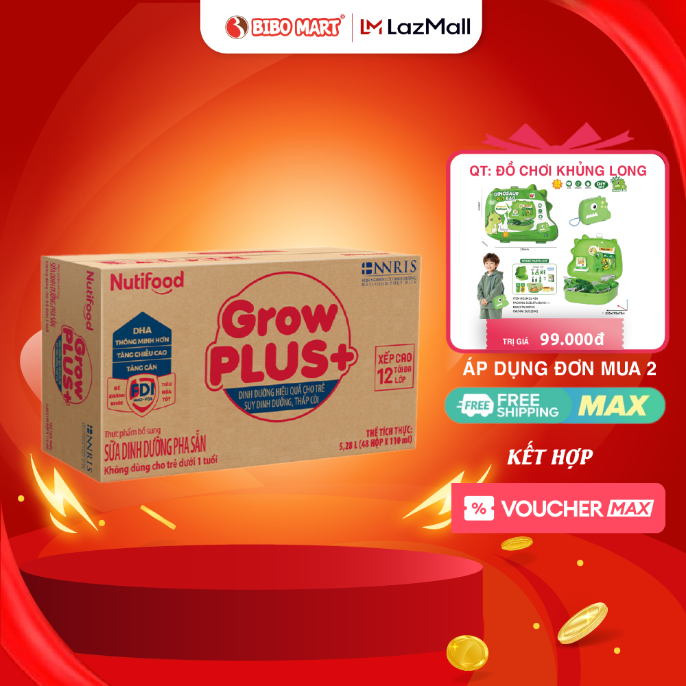 Thùng 48 Hộp Sữa Pha Sẵn GrowPLUS+ Đỏ Có Đường Hỗ Trợ Tiêu Hóa Tăng Cân Dành Cho Bé 110ml 180ml - Bibomart