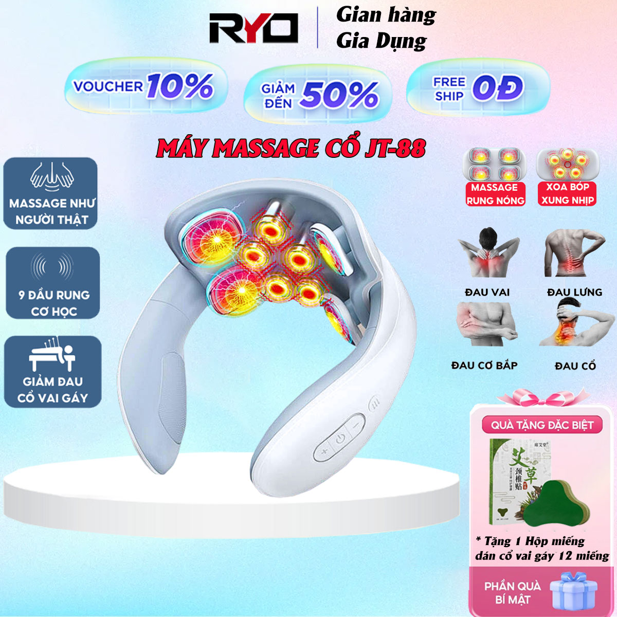 Máy massage cổ vai gáy JT-88, massage với công nghệ DELADEP, với 4 đầu xung điện kết hợp 5 đầu rung vật lí hỗ trợ  giả đau mỏi cổ vai gáy bảo hành 5 năm,