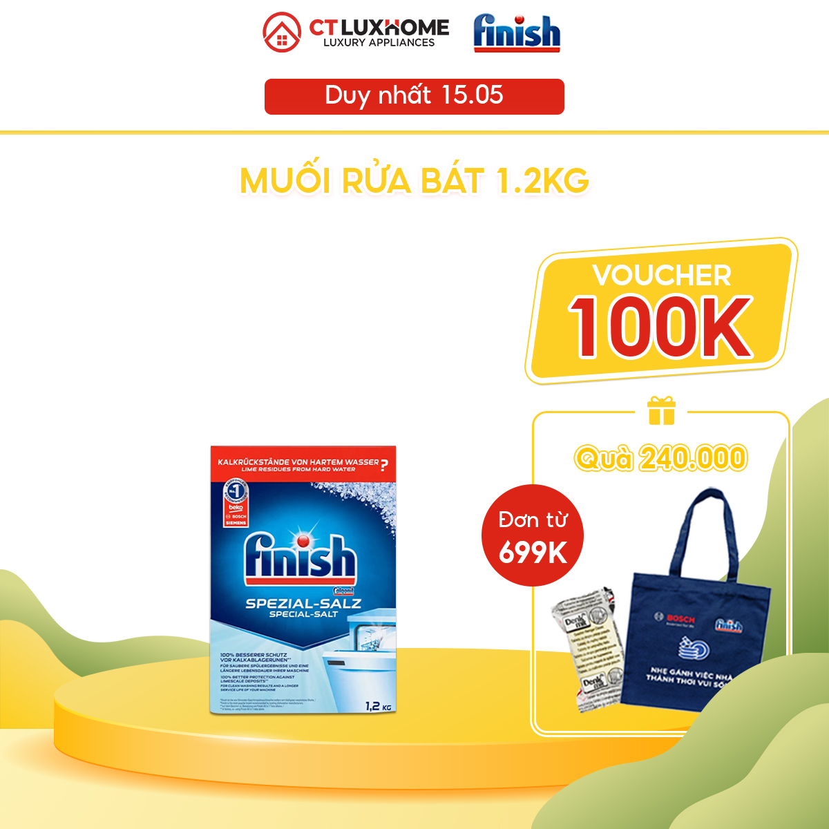 Muối rửa chén bát Finish 1,2kg kèm túi zip