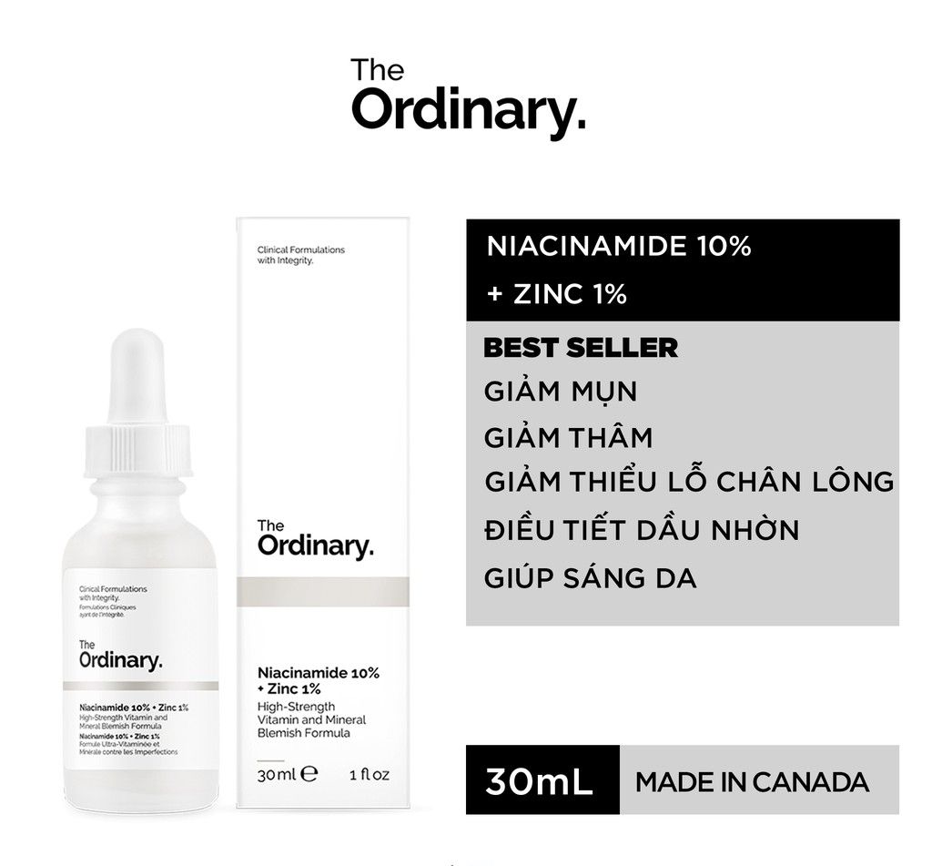 Tinh Chất Dành Cho Da Mụn, Giảm Thâm The Ordinary Niacinamide 10% + Zinc 1%
