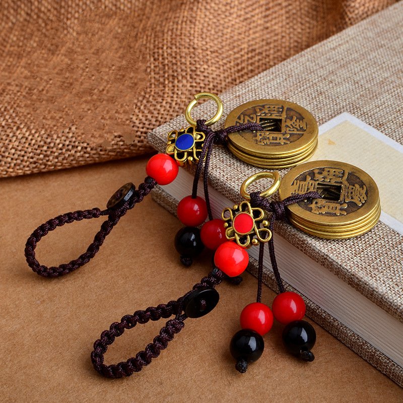 Móc Khóa Phong Thủy Hình Dây Đôi 5 Đồng Xu Cổ - Móc Khóa - Kích Thước: 10.5 x 2.4cm