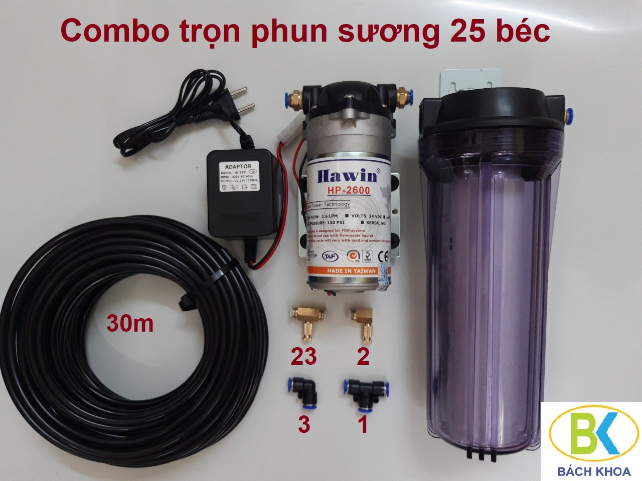 Trọn bộ phun sương Đài Loan HP-2600 có 25 béc đế đồng hoàn chỉnh