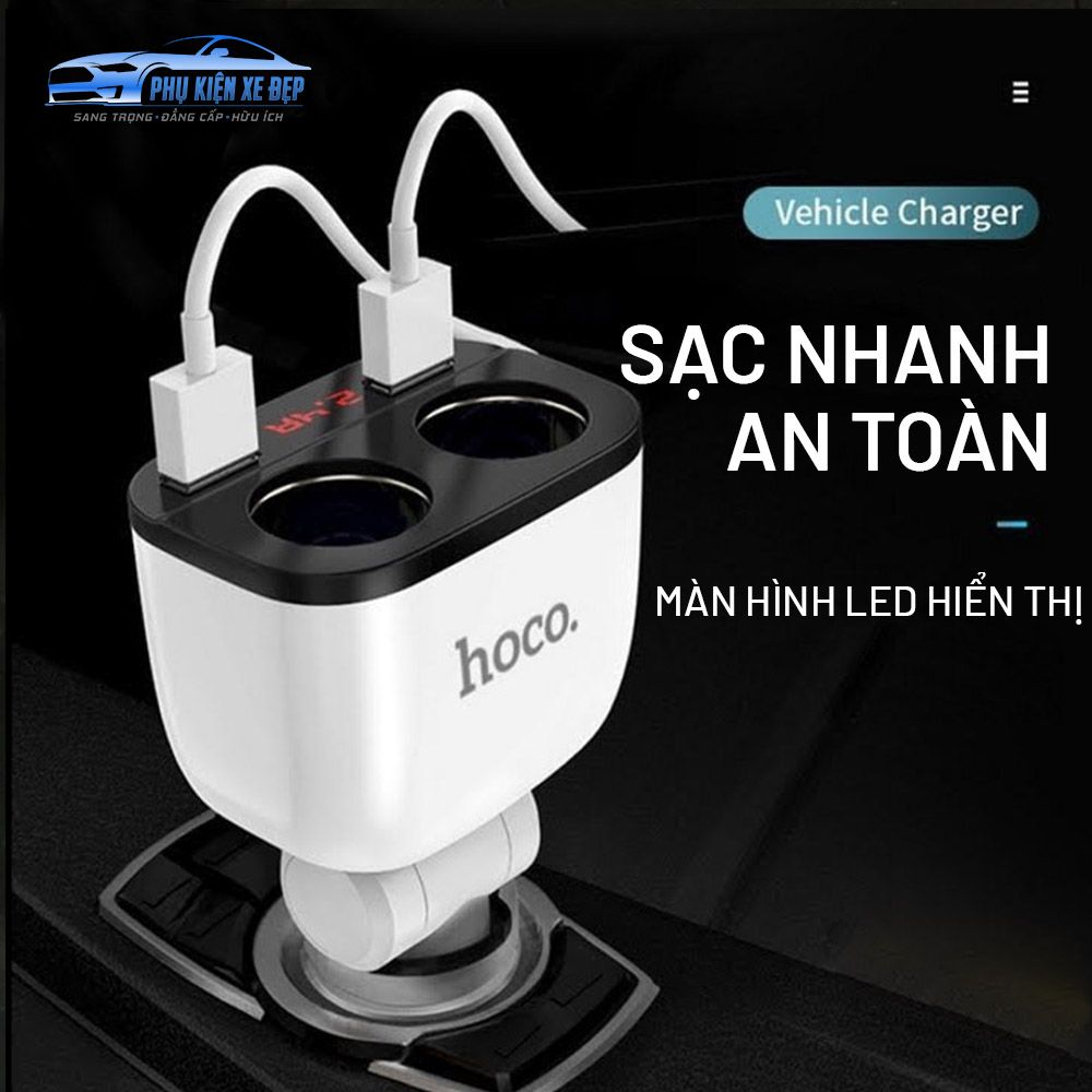 Bộ chia tẩu sạc dùng cho ô tô, xe hơi nhãn hiệu Hoco Z28 với 2 lỗ tẩu sạc kết hợp 2 cổng USB, Đầu vào: DC12 - 24V, Tổng đầu ra 2 cổng USB: DV5V/3.1A Max, Đầu ra 2 lỗ tẩu sạc: 80W Max. Hàng Chính Hãng
