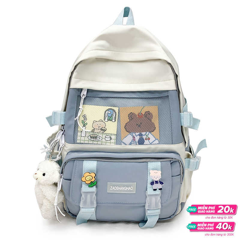 Balo nữ zaoshanghao chất liệu vải canvas chống thấm tặng sticker và móc khóa gấu bông
