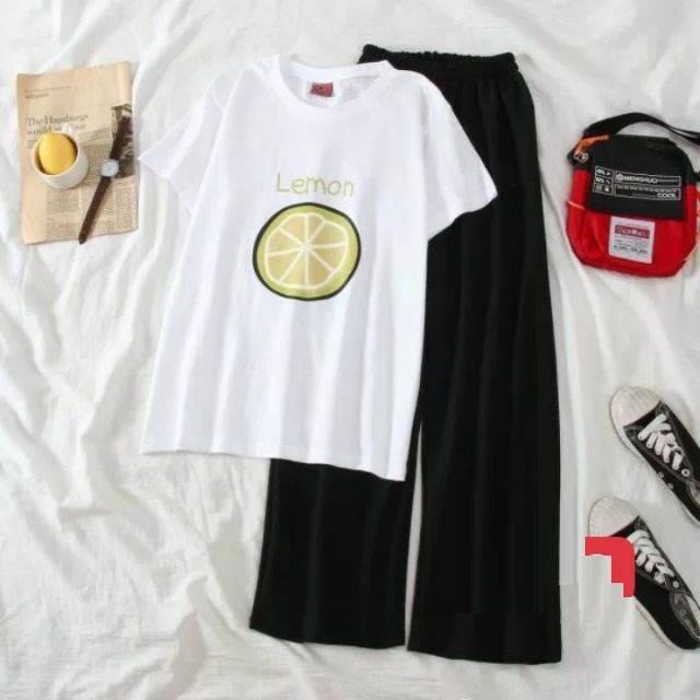 [HAN HAN SHOP 45] Sét Bộ Đồ Quần Áo Nữ Mùa Hè Mặc Đi Chơi Dạo Phố Dễ Thương, Mặc Ở Nhà, Áo Phông Trắng Cotton Organic Ngắn Tay Cổ Tròn Mát Mịn In Hoạt Hình 3D Quả Chanh Lemo Kèm Quần Thun Cát Phong Cách Teen Cute Hàn Quốc