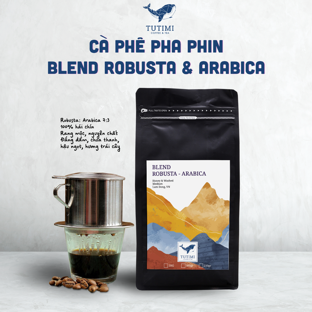 Cà phê nguyên chất Blend Robusta-Arabica, phối trộn giữa Robusta Và Arabica theo tỷ lệ 7:3, Cà phê rang mộc đậm đà thơm nồng, Cà Phê Pha Phin, Cà Phê Pha Máy, Cà phê Rang Xay Nguyên Chất - TuTiMi