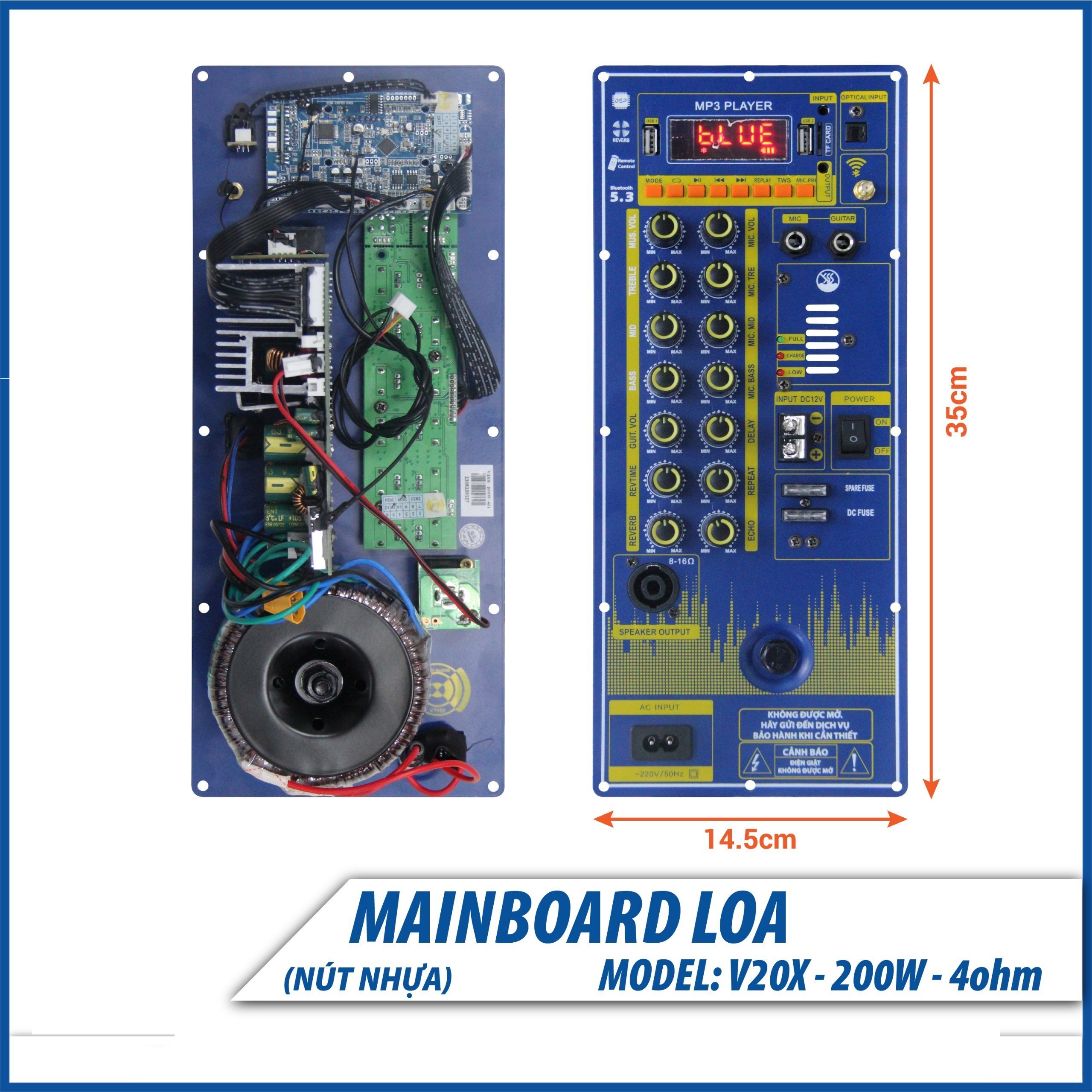 Bo Mạch Loa Kéo Nguồn Xuyến có Reverb V20X đánh Bass 4 tấc đôi 5 Tấc đơn  kích thước 14.5 * 35 cm