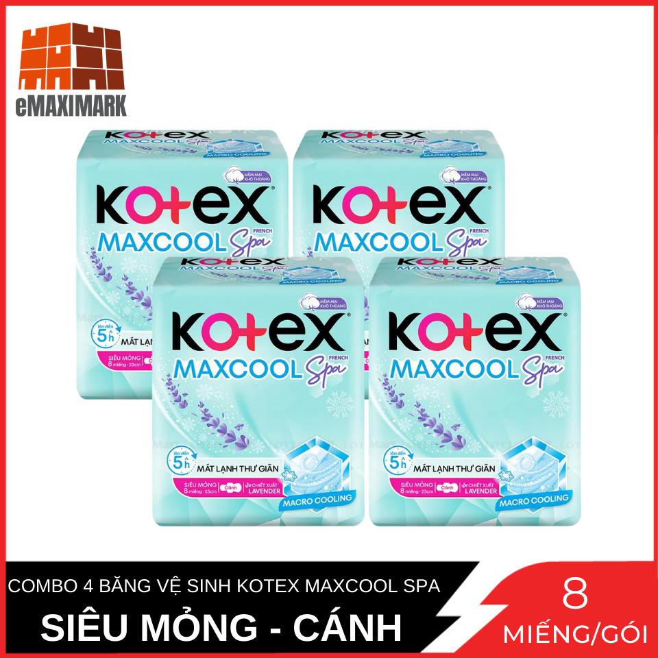 Combo 4 Băng Vệ Sinh Kotex MaxCool Siêu Mỏng Cánh Mặt Bông Mềm Mại 23CM  Gói 8 Miếng