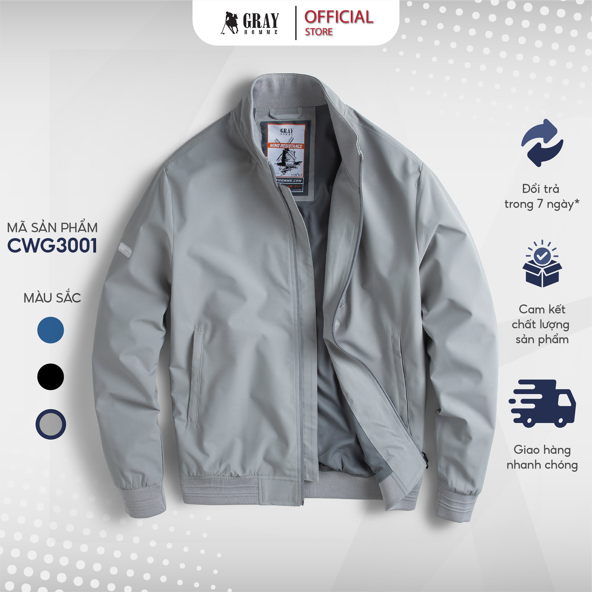 Áo Khoác Nam Bomber gió 2 lớp, Khoác cao cổ gió 2 lớp Siêu cản gió GRAYHOMME (CWG4002)