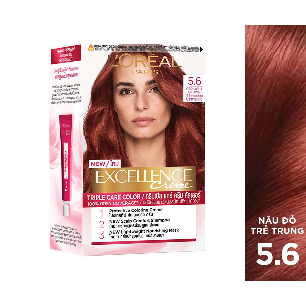 Với thuốc nhuộm tóc L\'oreal Paris Excellence Creme #5.6 Màu Nâu Đỏ Trẻ, bạn sẽ thực sự trở nên nổi bật và quyến rũ. Hãy dành ít thời gian để trang điểm cho mái tóc của mình với sản phẩm tuyệt vời này. Hãy xem ảnh để trải nghiệm màu nâu đỏ trẻ trung và sành điệu.
