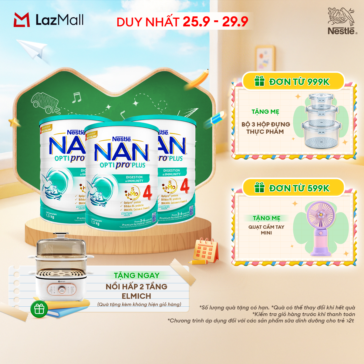 [CHỈ 25-29/9 QT Đơn 599K/999K][Tặng Nồi hấp 2 tầng Elmich]Bộ 3 Lon Sữa bột Nestlé NAN OPTIPRO PLUS 4 với 5HMO xuất xứ Thụy Sĩ-Hộp 1500g cho bé từ 2 - 6 tuổi -Sữa công thức dinh dưỡng cho trẻ giúp hỗ trợ tiêu hóa, đề kháng, trí não và phát triển toàn diện