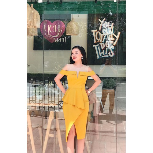 Đầm body phối lưới rớt vai chất umi freesize 3 màu đỏ vàng nude