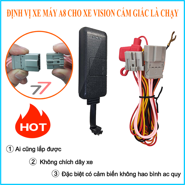 Định vị xe máy A8 tắt máy từ xa cắm Jack zin xe Vision, khuyến mại sim 3G 1 năm